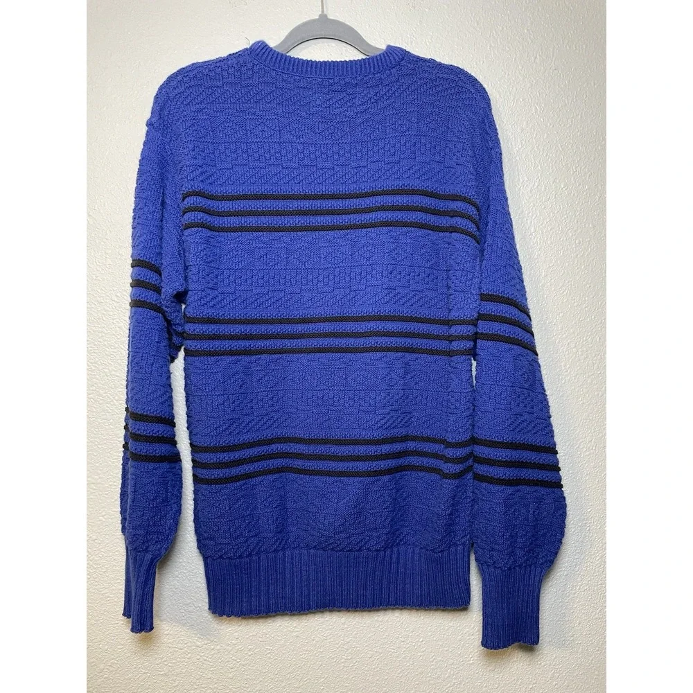 Vintage 80s Amana Woolen Mills Saleroom Blue Striped Wool Sweater‎ Medium
